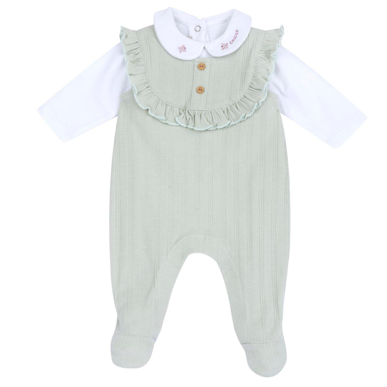 Completo body e tutina Chicco verde per bambina in cotone elasticizzato e costina, con colletto ricamato e bottoni effetto legno. | Chicco