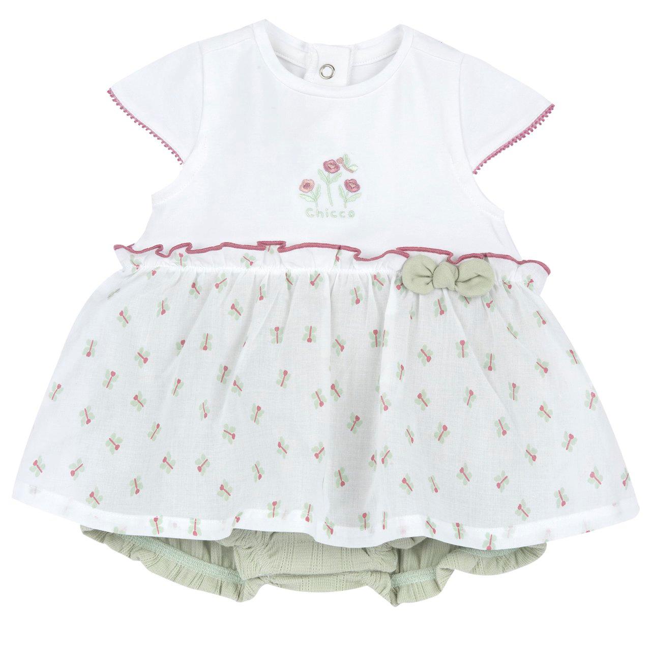 Pagliaccetto effetto abito bianco per bambina in jersey di cotone elasticizzato con gonna in mussola, grafica ricamata e stampa fantasia, prodotto Chicco sostenibile. | Chicco