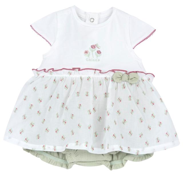 Pagliaccetto effetto abito bianco per bambina in jersey di cotone elasticizzato con gonna in mussola, grafica ricamata e stampa fantasia, prodotto Chicco sostenibile. | Chicco