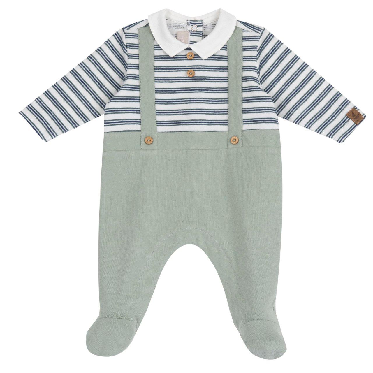 Tutina verde Chicco in cotone sostenibile per neonato con bretelle, bottoni decorativi effetto legno e stampa antiscivolo sotto ai piedini. | Chicco