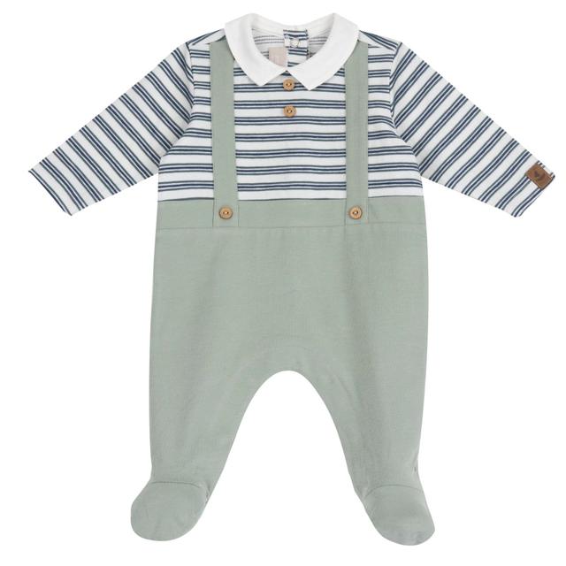 Tutina verde Chicco in cotone sostenibile per neonato con bretelle, bottoni decorativi effetto legno e stampa antiscivolo sotto ai piedini. | Chicco