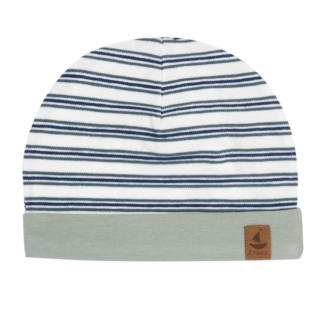 Cappello con risvolto in jersey di cotone sostenibile Chicco, colore verde, con etichetta effetto pelle, ideale per la primavera/estate. | Chicco