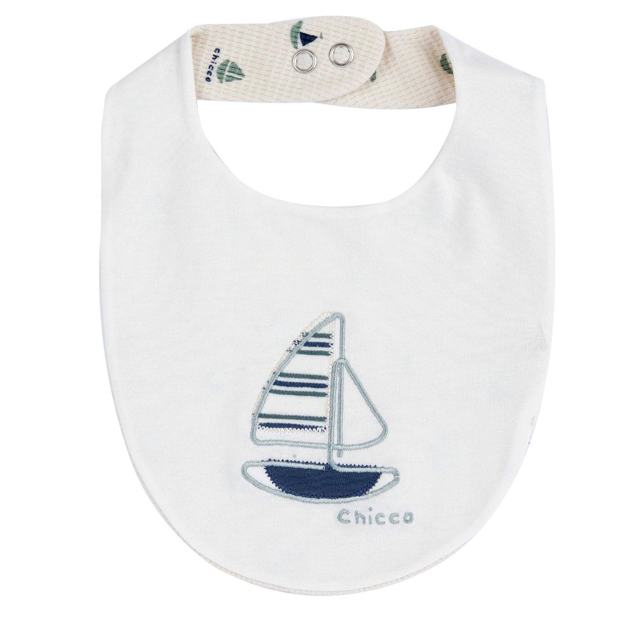 Bavaglino Chicco in jersey di cotone elasticizzato bianco con ricamo e applicazioni, ideale per primavera/estate. | Chicco