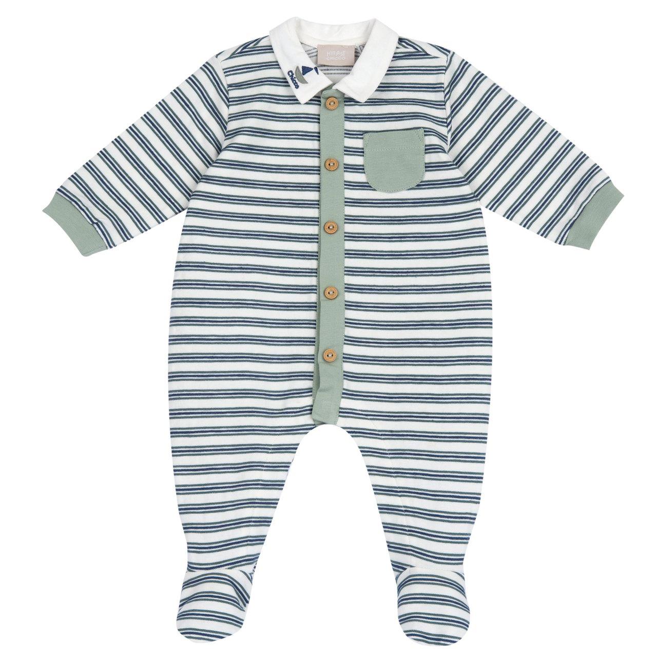 Tutina neonato maschio Chicco aperta davanti in morbido jersey di cotone a righe verdi, con grafica ricamata e bottoni effetto legno. | Chicco