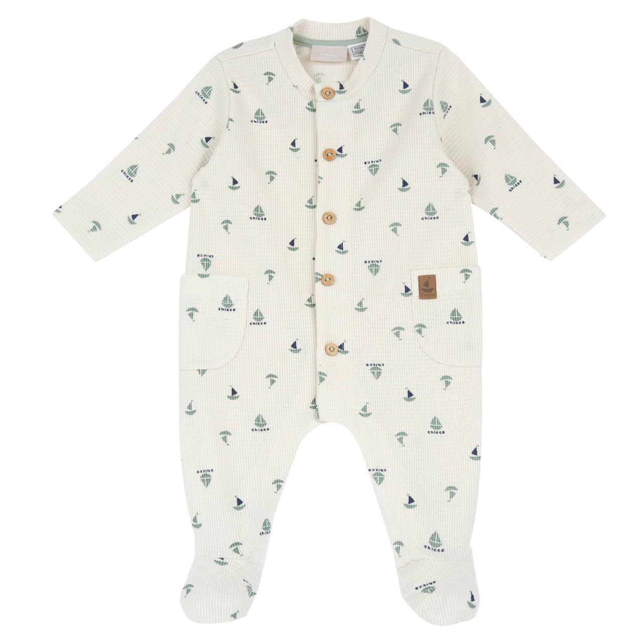Tutina bianca Chicco aperta davanti in jersey operato effetto nido d'ape per bambino, con bottoni effetto legno e stampa fantasia, ideale per la primavera/estate. | Chicco