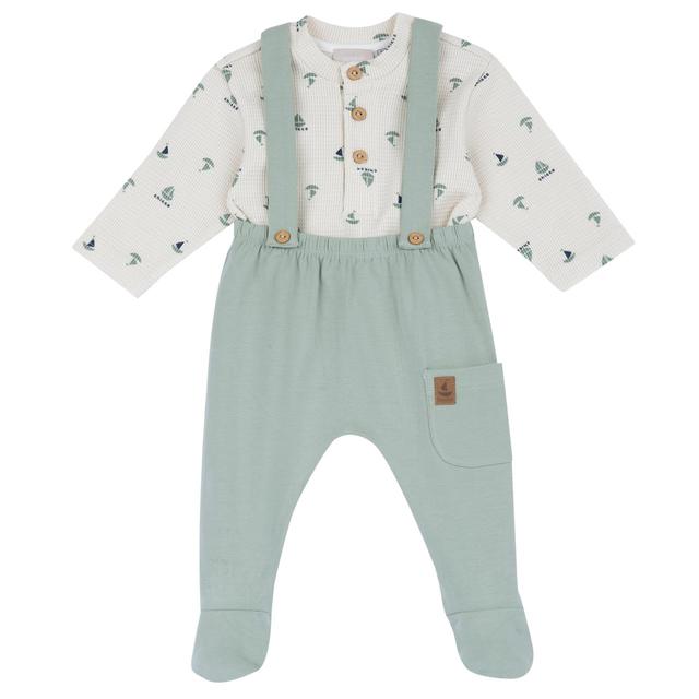 Completo Chicco verde per neonato con maglia a maniche lunghe operata e pantaloni con piedini, stampa barche e bottoni effetto legno. | Chicco