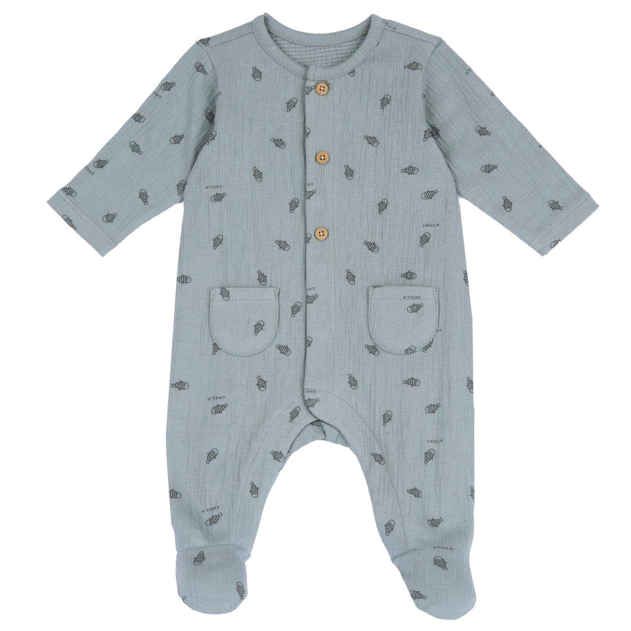 Tutina unisex Chicco aperta davanti in jersey di cotone goffrato arancione con bottoni effetto legno e taschine applicate. | Chicco