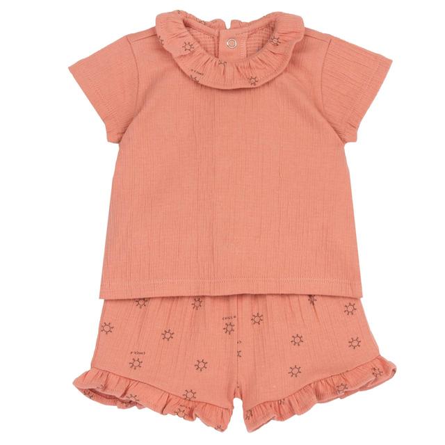 Completo Chicco in cotone goffrato arancione per bambina, con maglietta a manica corta e pantaloni corti a fantasia. | Chicco