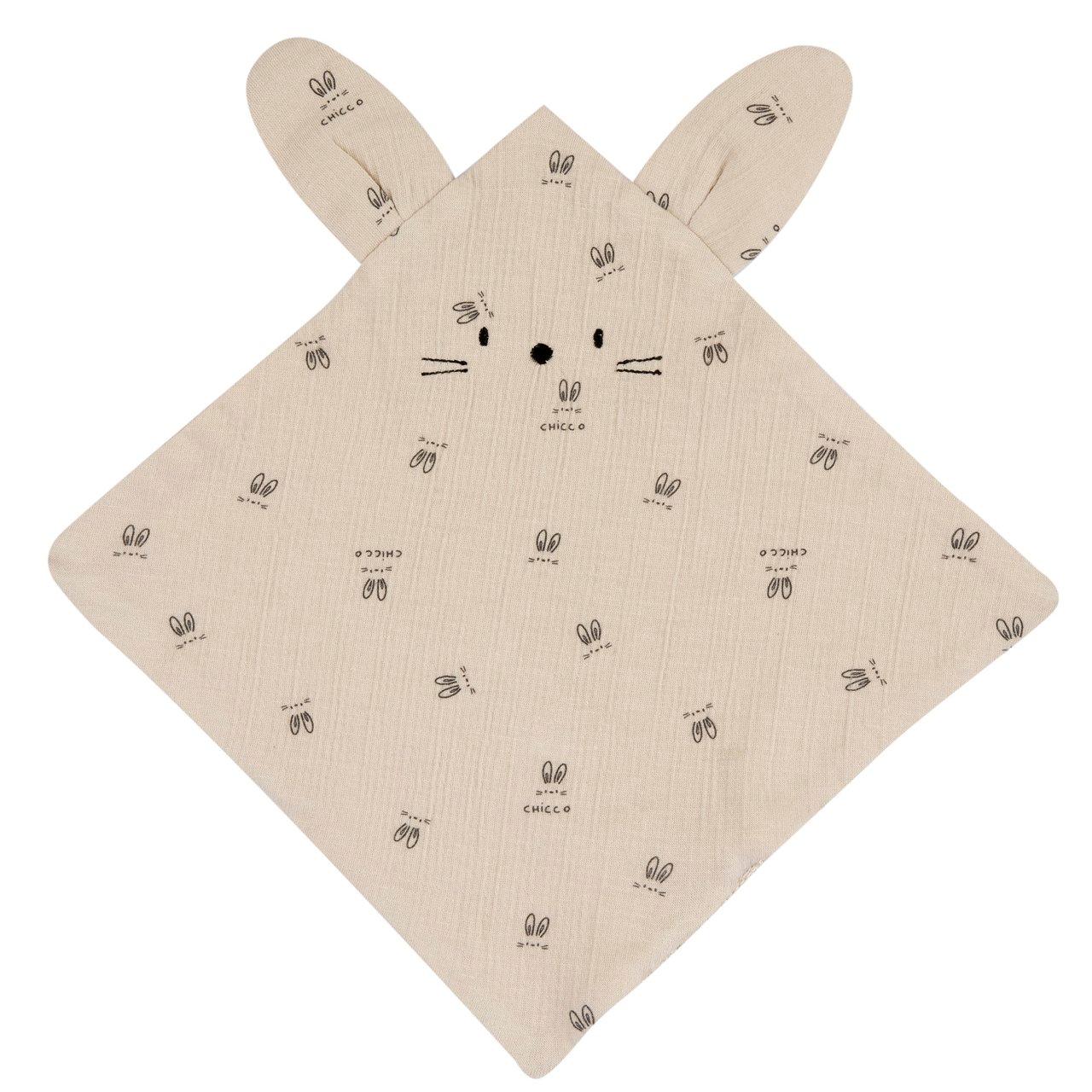 Fazzoletto doudou Chicco in jersey di cotone bianco effetto goffrato, con dettagli ricamati e stampa fantasia, ideale per neonati unisex. | Chicco