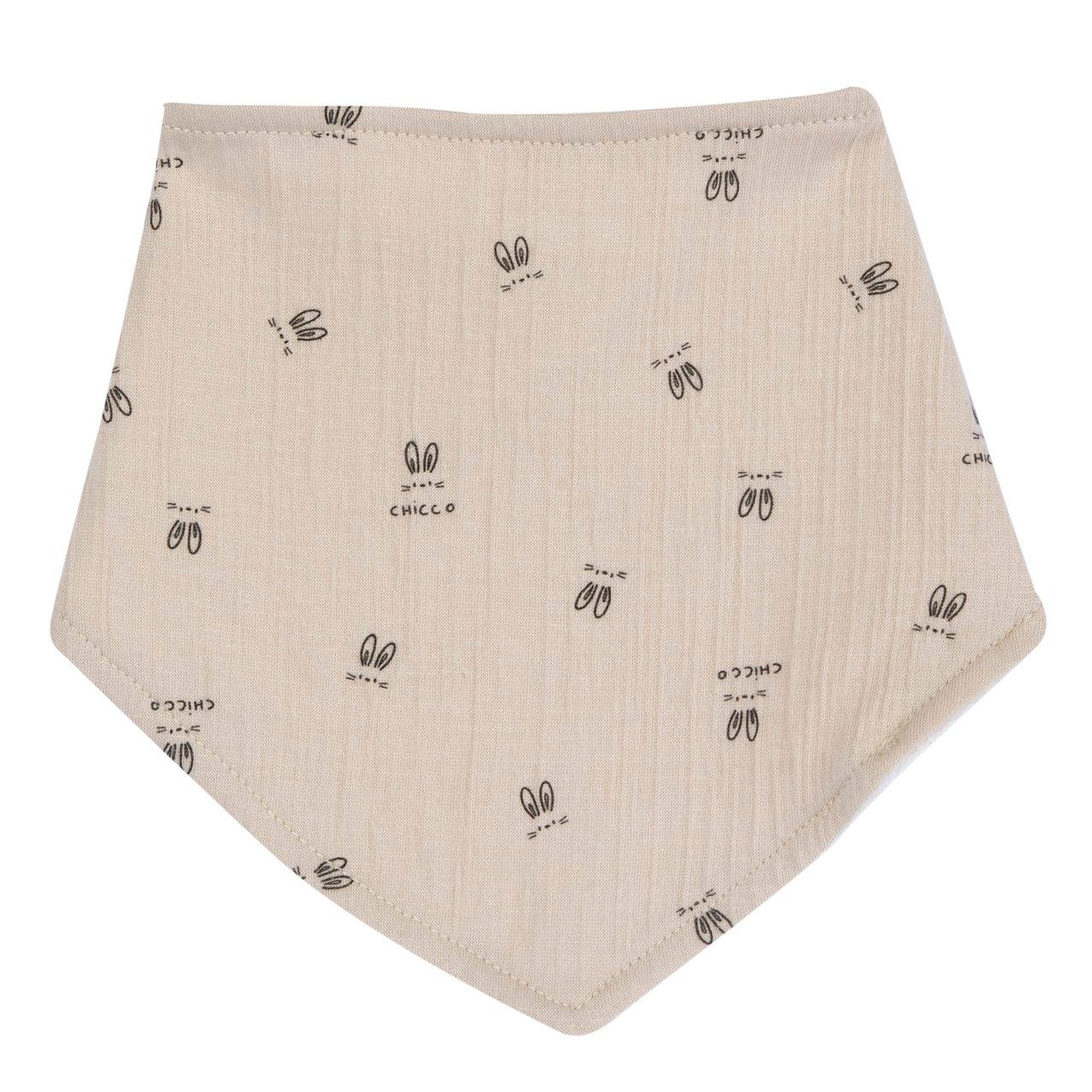 Bavaglino triangolare Chicco in jersey di cotone arancione effetto goffrato, con retro in spugna e chiusura a bottoni automatici, ideale per la primavera/estate. | Chicco