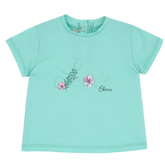 Maglietta a manica corta verde vivace in jersey elasticizzato per bambina Chicco, realizzata in cotone sostenibile e certificata Oeko-Tex. | Chicco