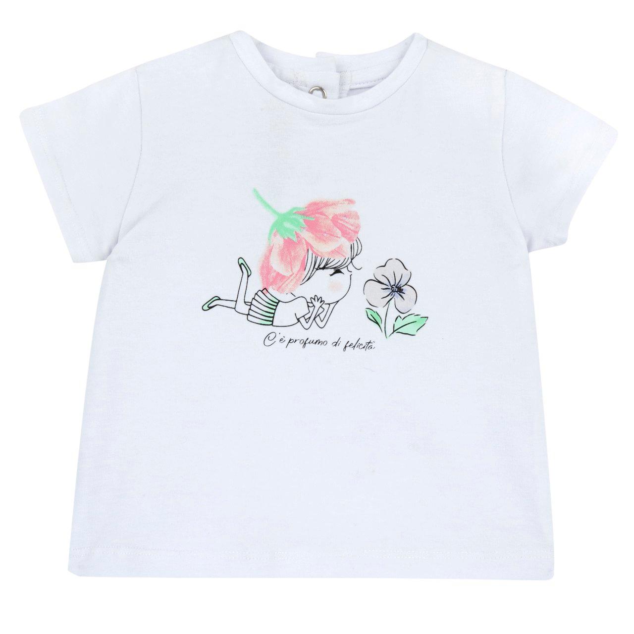 Maglietta a manica corta bianca per bambina Chicco con stampa floreale in jersey elasticizzato, ideale per primavera/estate. | Chicco