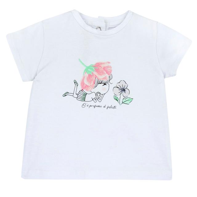 Maglietta a manica corta bianca per bambina Chicco con stampa floreale in jersey elasticizzato, ideale per primavera/estate. | Chicco