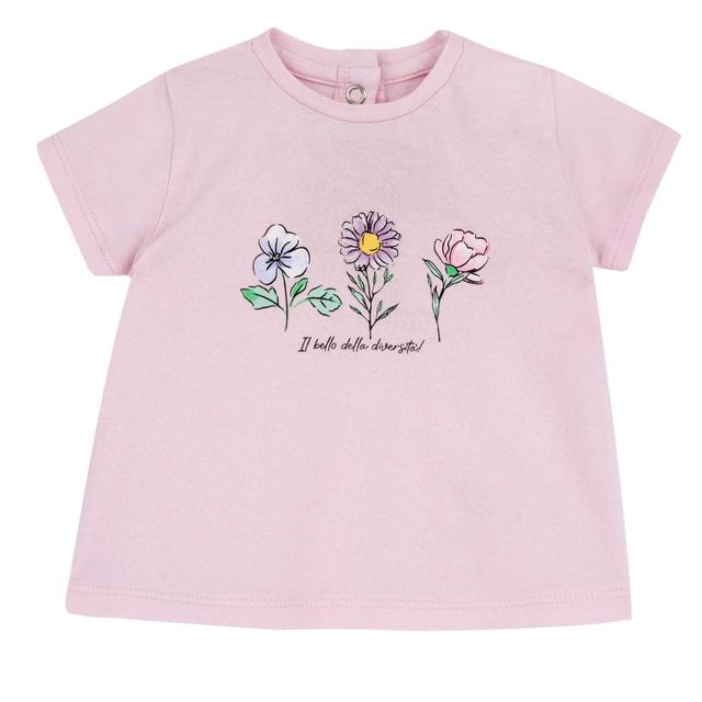 Maglietta a manica corta rosa in jersey elasticizzato per bambina Chicco con stampa floreale, realizzata in cotone sostenibile Oeko-Tex. | Chicco