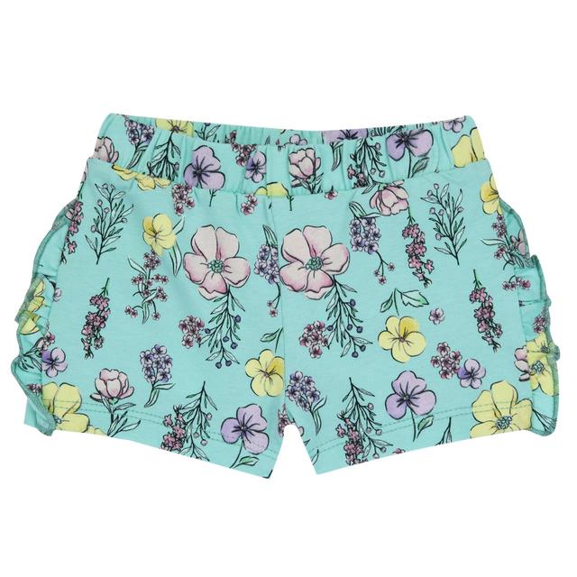 Pantaloni corti verdi fantasia floreale in jersey elasticizzato per bambina Chicco, con vita comoda e dettaglio rouche sul fianco. | Chicco
