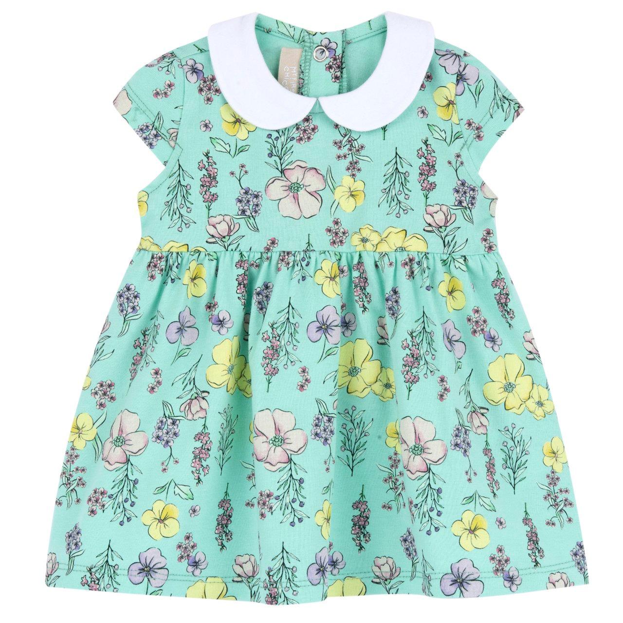 Vestito verde a manica corta in jersey elasticizzato per bambina, con fantasia a fiorellini e collo baby, della collezione Chicco. | Chicco