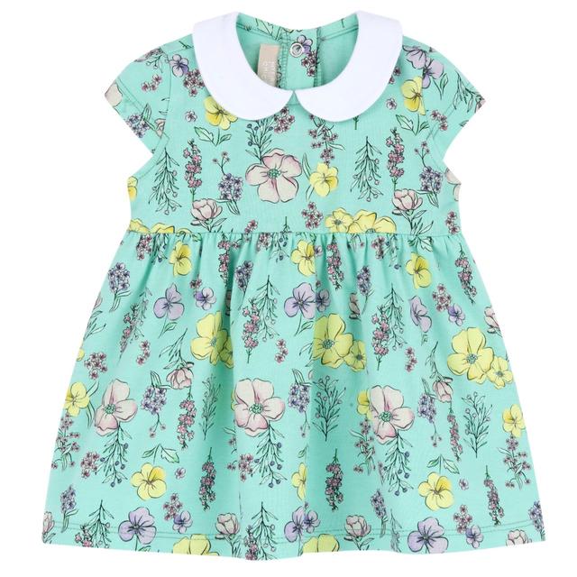 Vestito verde a manica corta in jersey elasticizzato per bambina, con fantasia a fiorellini e collo baby, della collezione Chicco. | Chicco