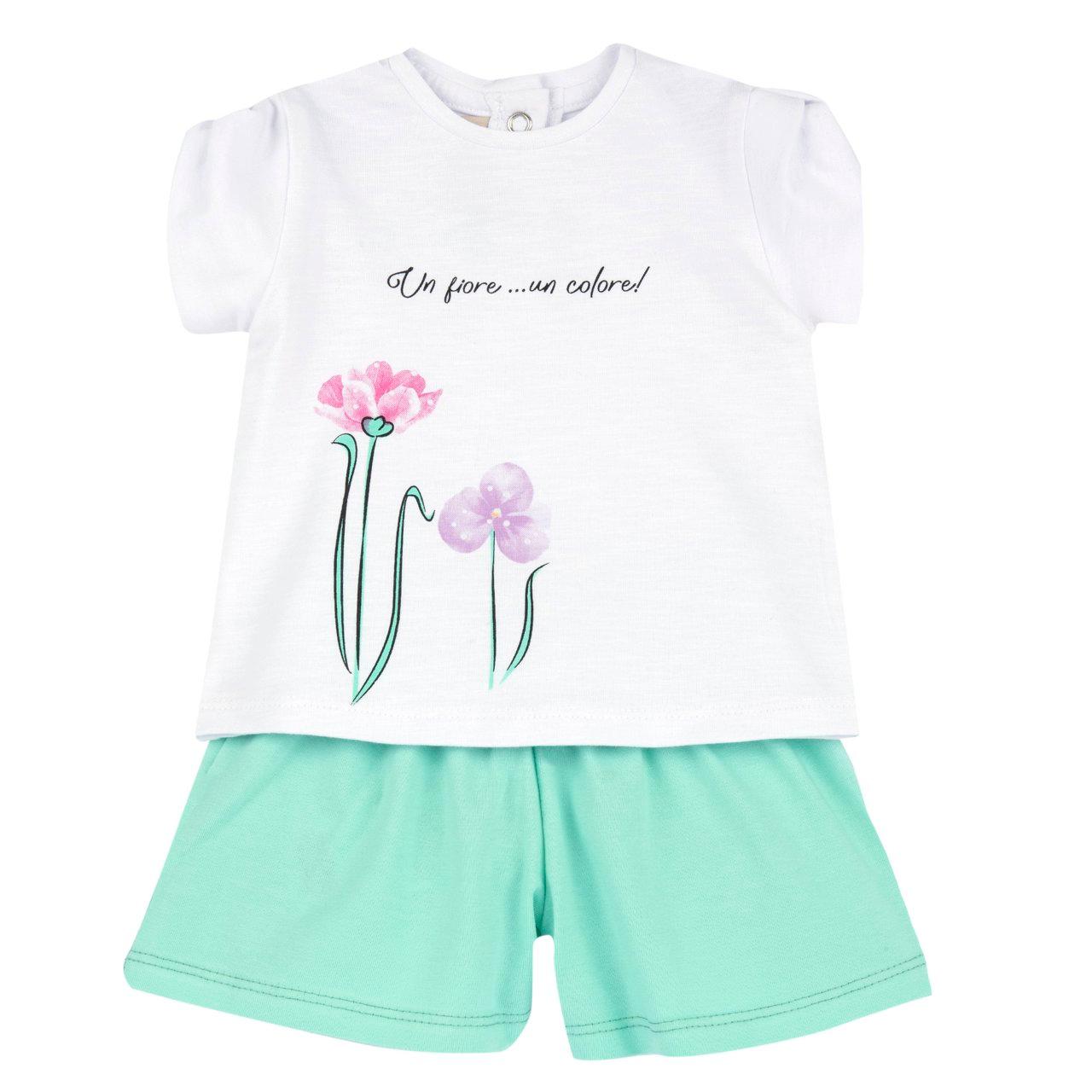 Completo Chicco per bambina in cotone sostenibile con stampa floreale, composto da maglietta a manica corta bianca e pantaloni corti, ideale per la primavera/estate. | Chicco