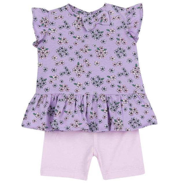 Completo Chicco viola in jersey di cotone sostenibile per bambina, composto da maglietta a manica corta e pantaloni corti, ideale per la primavera/estate. | Chicco