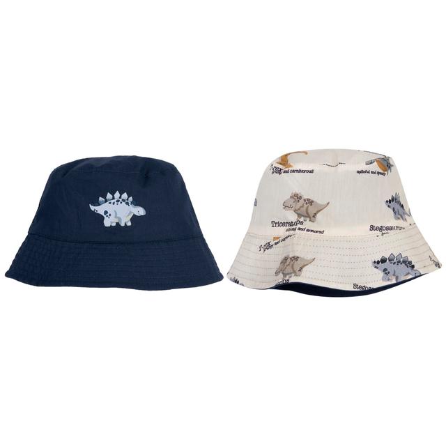 Cappello reversibile Chicco in popeline di cotone per bambino, azzurro con stampa dinosauri su un lato e fantasia dinosauri écru sull'altro. | Chicco