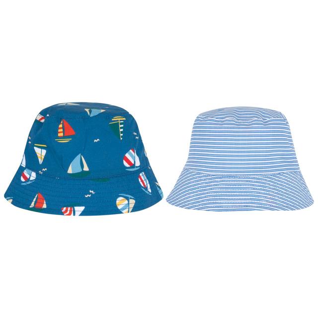 Cappello reversibile Chicco in popeline di cotone per bambino, azzurro con stampa dinosauri su un lato e fantasia dinosauri écru sull'altro. | Chicco