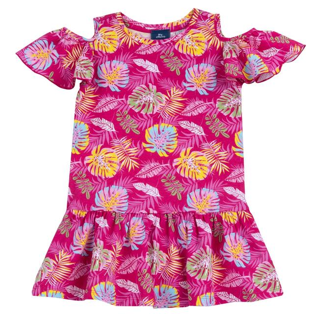 Vestito manica corta rosa fantasia tropicale per bambina Chicco in cotone sostenibile Oeko-Tex, con maniche ad aletta e spalle scoperte. | Chicco