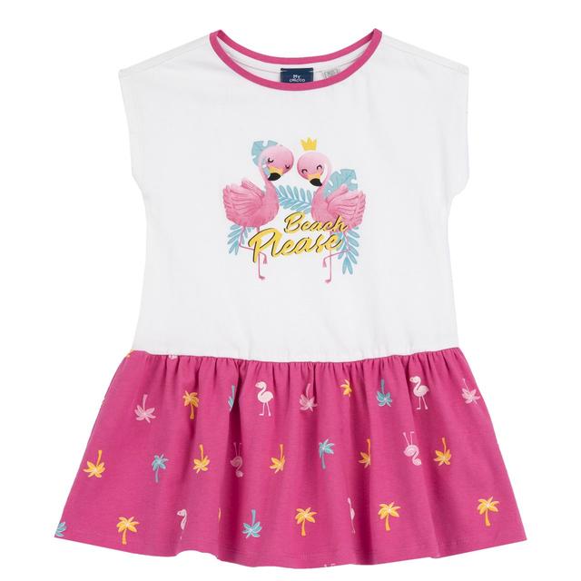 Vestito manica corta bianco in jersey elasticizzato per bambina Chicco con collo a contrasto, stampa glitterata frontale e gonna a fantasia, 95% cotone sostenibile. | Chicco