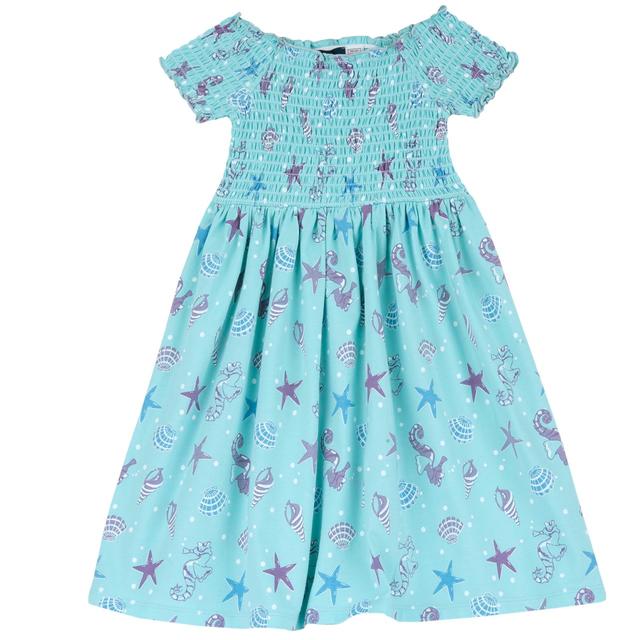 Vestito a manica corta in jersey elasticizzato azzurro per bambina, fantasia marina, con corpino e vita arricciata, ideale per primavera/estate. | Chicco