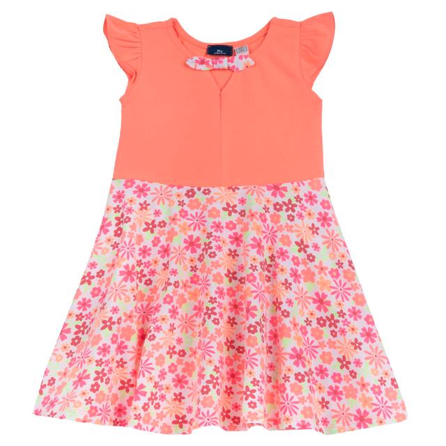 Vestito arancione Chicco a manica corta per bambina con fantasia di fiorellini, fiocco e gonna, in jersey elasticizzato di cotone sostenibile Oeko-Tex. | Chicco