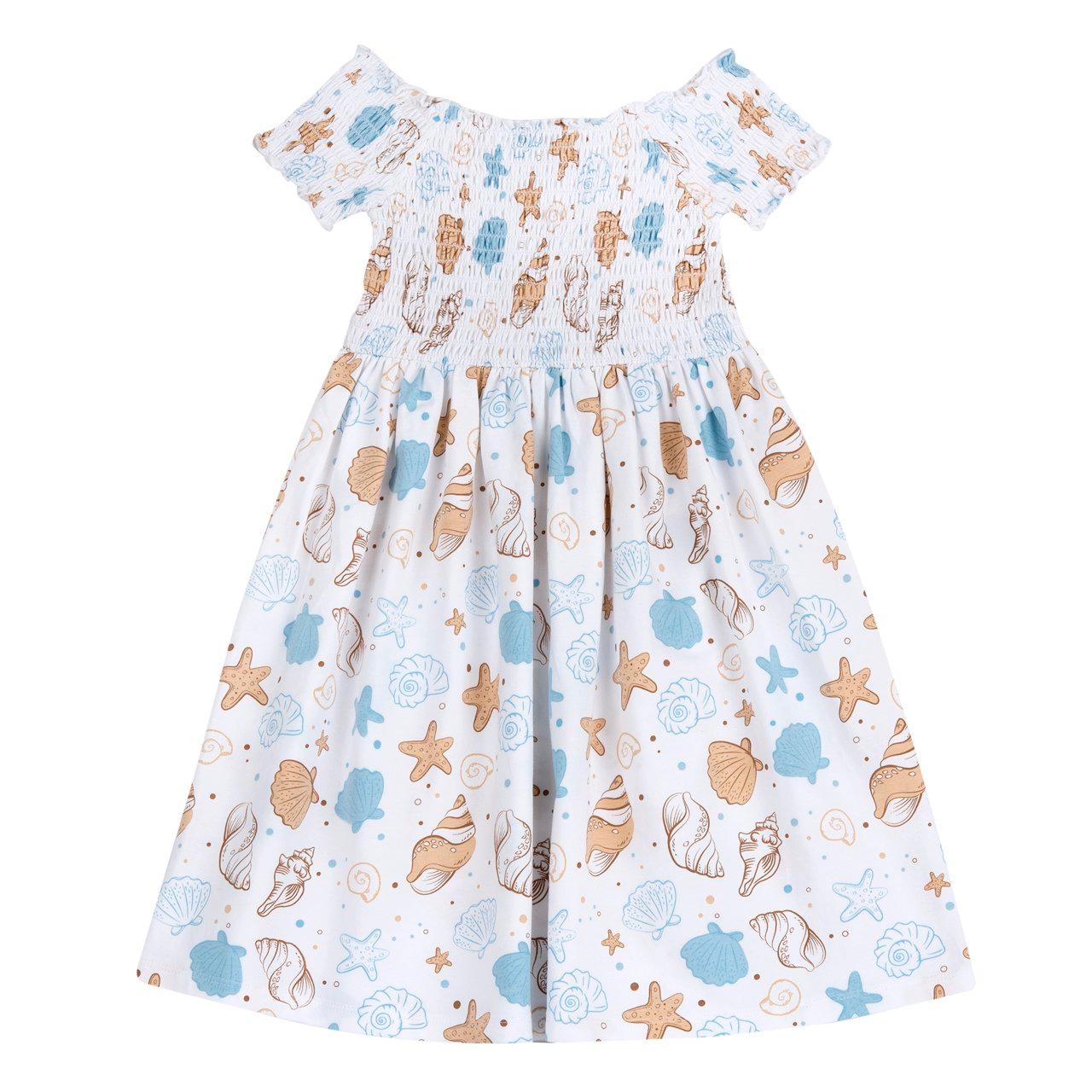 Vestito azzurro a manica corta per bambina con fantasia conchiglie, corpino e maniche elasticizzati a punto smock, vita arricciata ed elasticata, in cotone sostenibile Oeko-Tex. | Chicco