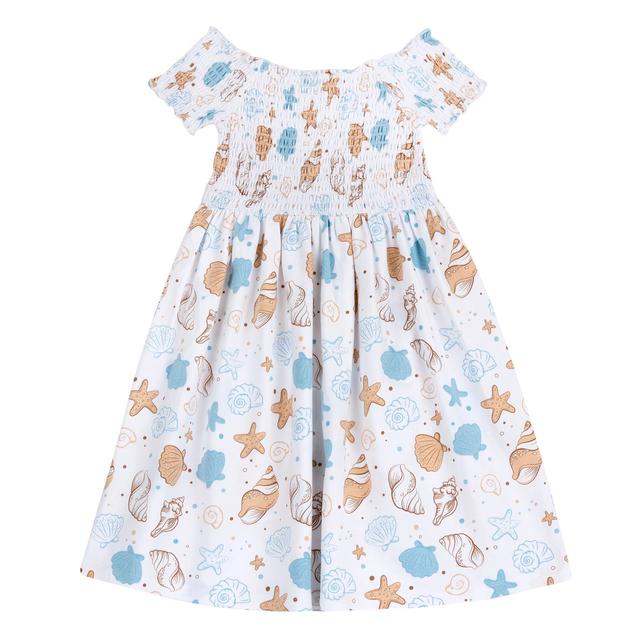 Vestito azzurro a manica corta per bambina con fantasia conchiglie, corpino e maniche elasticizzati a punto smock, vita arricciata ed elasticata, in cotone sostenibile Oeko-Tex. | Chicco