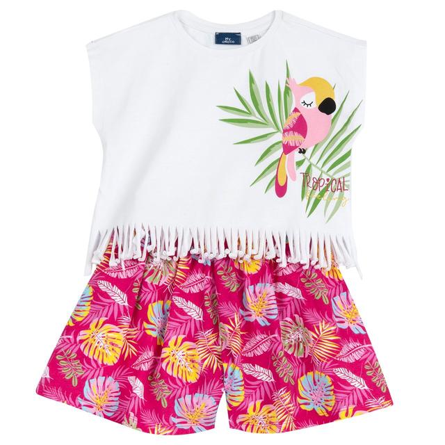 Completo mare bambina Chicco in jersey elasticizzato bianco con maglietta a frange e pantaloni corti fantasia tropicale. | Chicco