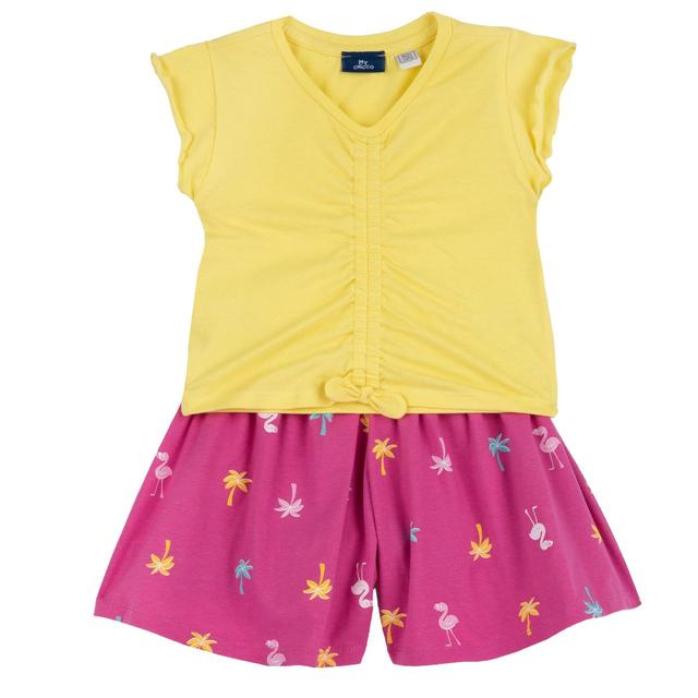 Completo mare giallo per bambina Chicco con maglietta arricciata e nodo, e pantaloni corti con stampa e vita elasticizzata in cotone sostenibile. | Chicco