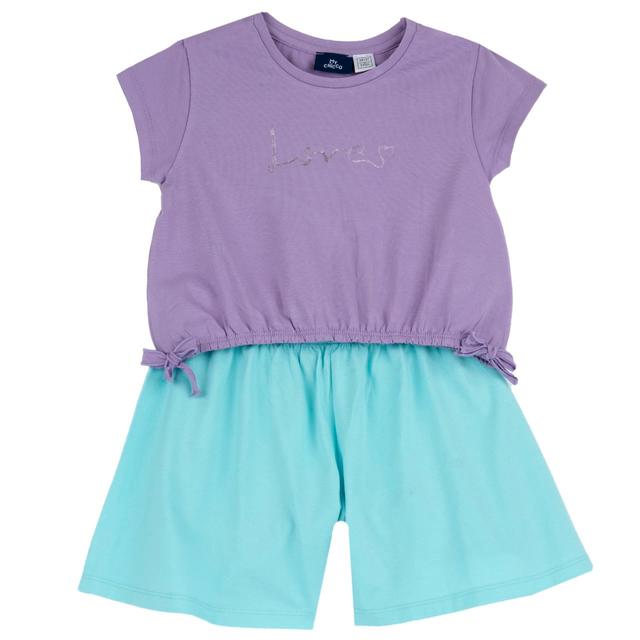 Completo mare bambina Chicco viola in cotone sostenibile Oeko-Tex, maglietta con stampa lucida e pantaloncini corti con vita elasticizzata. | Chicco