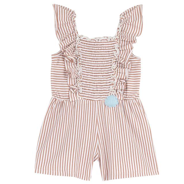 Salopette corta beige in jersey elasticizzato a righe tinte in filo per bambina, con corpino smock e rouches decorative, firmata Chicco. | Chicco