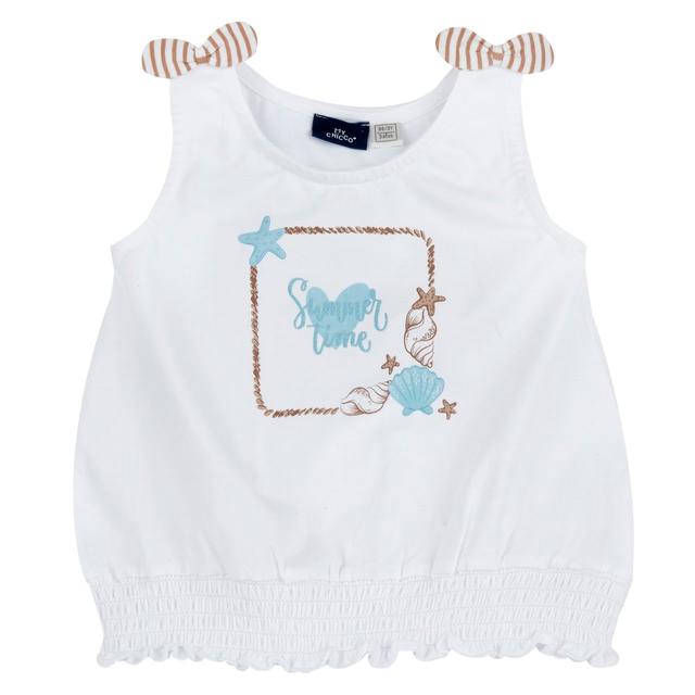 Canotta mare bianca per bambina Chicco in jersey elasticizzato con fiocchetti decorativi sulle spalline e stampa glitter, fondo a punto smock elasticato. | Chicco