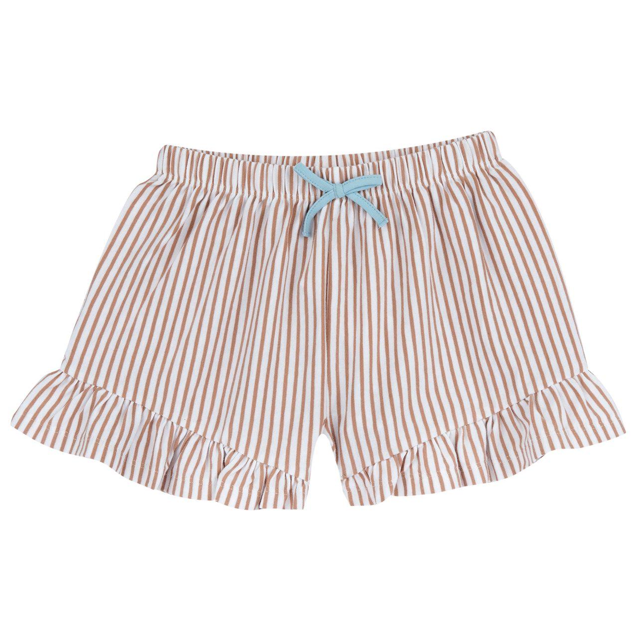 Pantaloni corti beige Chicco a righe per bambina, modello a palloncino con balzina e fiocco, in jersey elasticizzato di cotone sostenibile Oeko-Tex. | Chicco