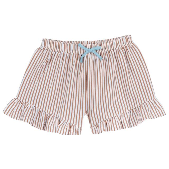 Pantaloni corti beige Chicco a righe per bambina, modello a palloncino con balzina e fiocco, in jersey elasticizzato di cotone sostenibile Oeko-Tex. | Chicco