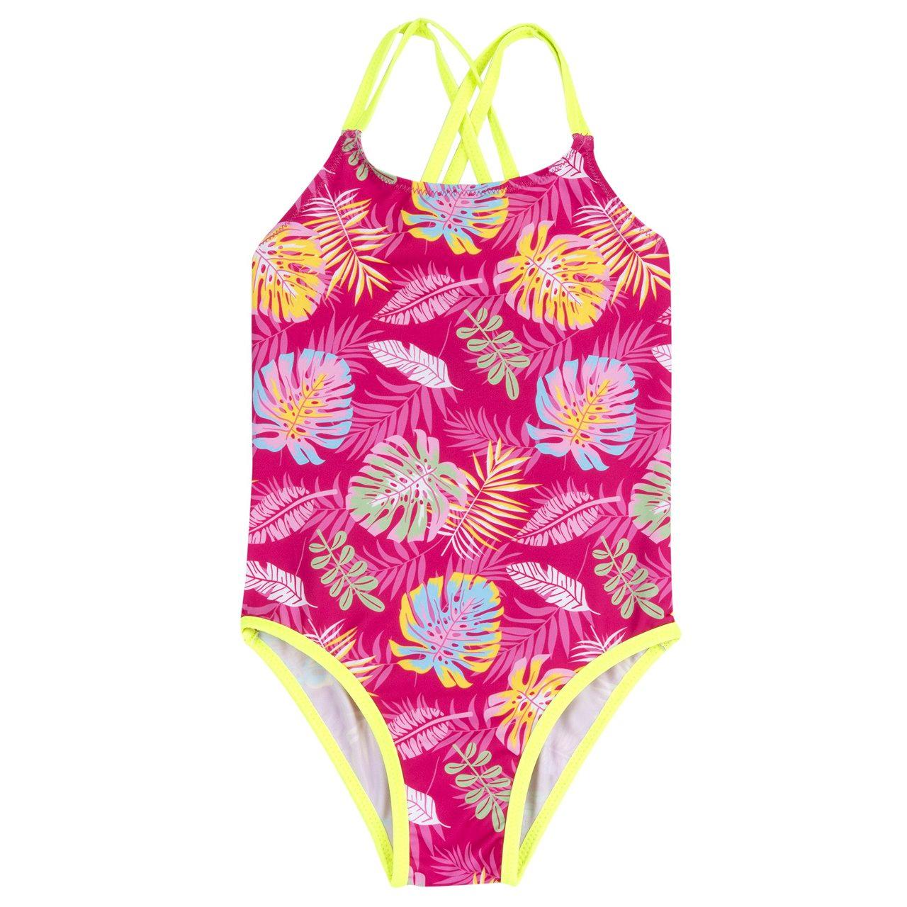 Costume intero da bambina Chicco con stampa tropicale vivace, spalline incrociate e bordo gamba a contrasto, in tessuto tecnico riciclato rosa. | Chicco