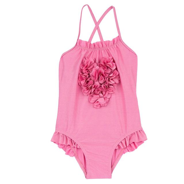 Costume intero da bambina Chicco rosa con applicazione a cuore e fiorellini, tessuto tecnico luminoso, spalline incrociate e balze. | Chicco