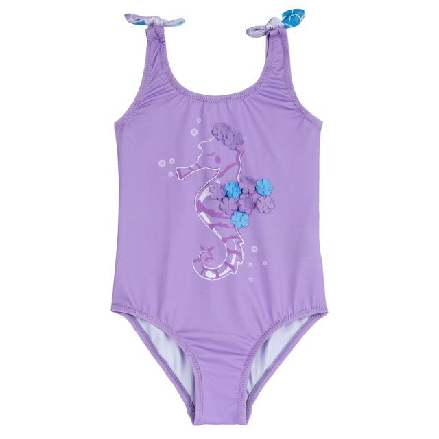 Costume intero da bambina Chicco viola con stampa effetto sirena, fiorellini applicati e fiocchi decorativi sulle spalline. | Chicco