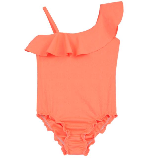 Costume intero bambina Chicco arancione con fantasia a rilievo, balza al collo e sgambatura arricciata, ideale per primavera/estate. | Chicco