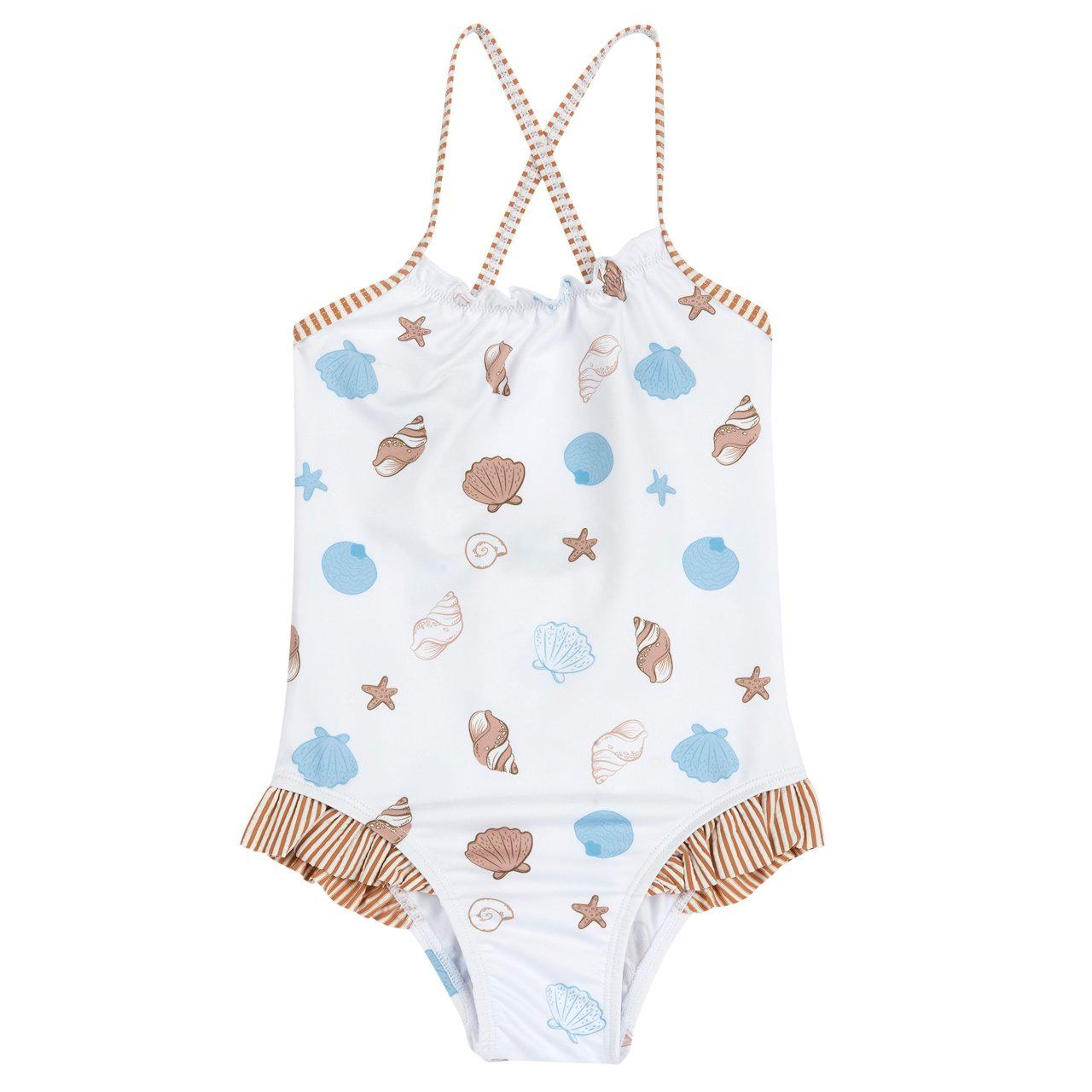 Costume intero azzurro Chicco per bambina con stampa fantasia, balze elasticizzate sulla sgambatura e spalline incrociate sul retro. | Chicco