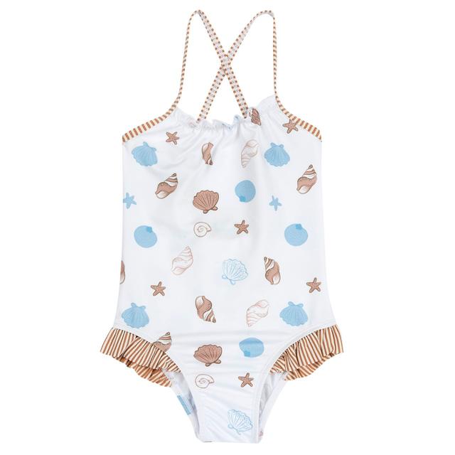 Costume intero azzurro Chicco per bambina con stampa fantasia, balze elasticizzate sulla sgambatura e spalline incrociate sul retro. | Chicco