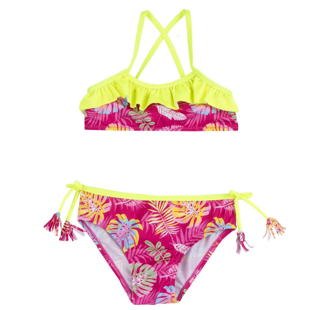 Costume due pezzi Chicco per bambina con stampa tropicale vivace, top con balza e spalline incrociate a contrasto, slip con fiocchetti laterali rosa. | Chicco