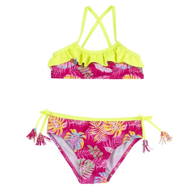 Costume due pezzi Chicco per bambina con stampa tropicale vivace, top con balza e spalline incrociate a contrasto, slip con fiocchetti laterali rosa. | Chicco