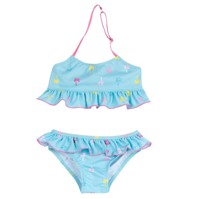 Costume due pezzi azzurro per bambina Chicco con stampa fantasia di palme, balza al top e in vita, cuciture a contrasto e spalline regolabili. | Chicco
