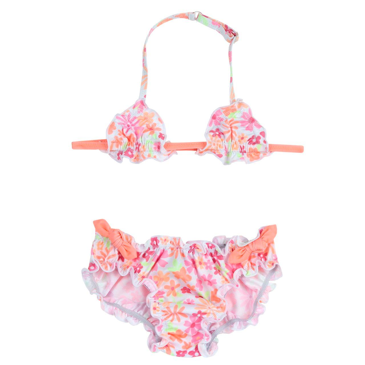 Costume due pezzi da bambina Chicco arancione con stampa fantasia di fiorellini e fiocchi decorativi sui lati dello slip, spalline regolabili e arricciatura. | Chicco