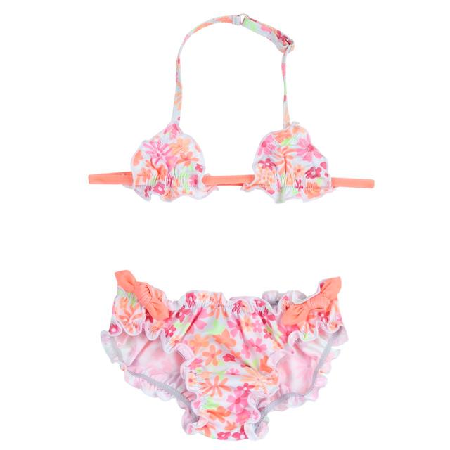 Costume due pezzi da bambina Chicco arancione con stampa fantasia di fiorellini e fiocchi decorativi sui lati dello slip, spalline regolabili e arricciatura. | Chicco