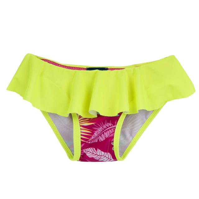 Costume slip da bambina Chicco rosa con balza in vita e stampa tropicale vivace, in tessuto tecnico riciclato per la primavera/estate. | Chicco